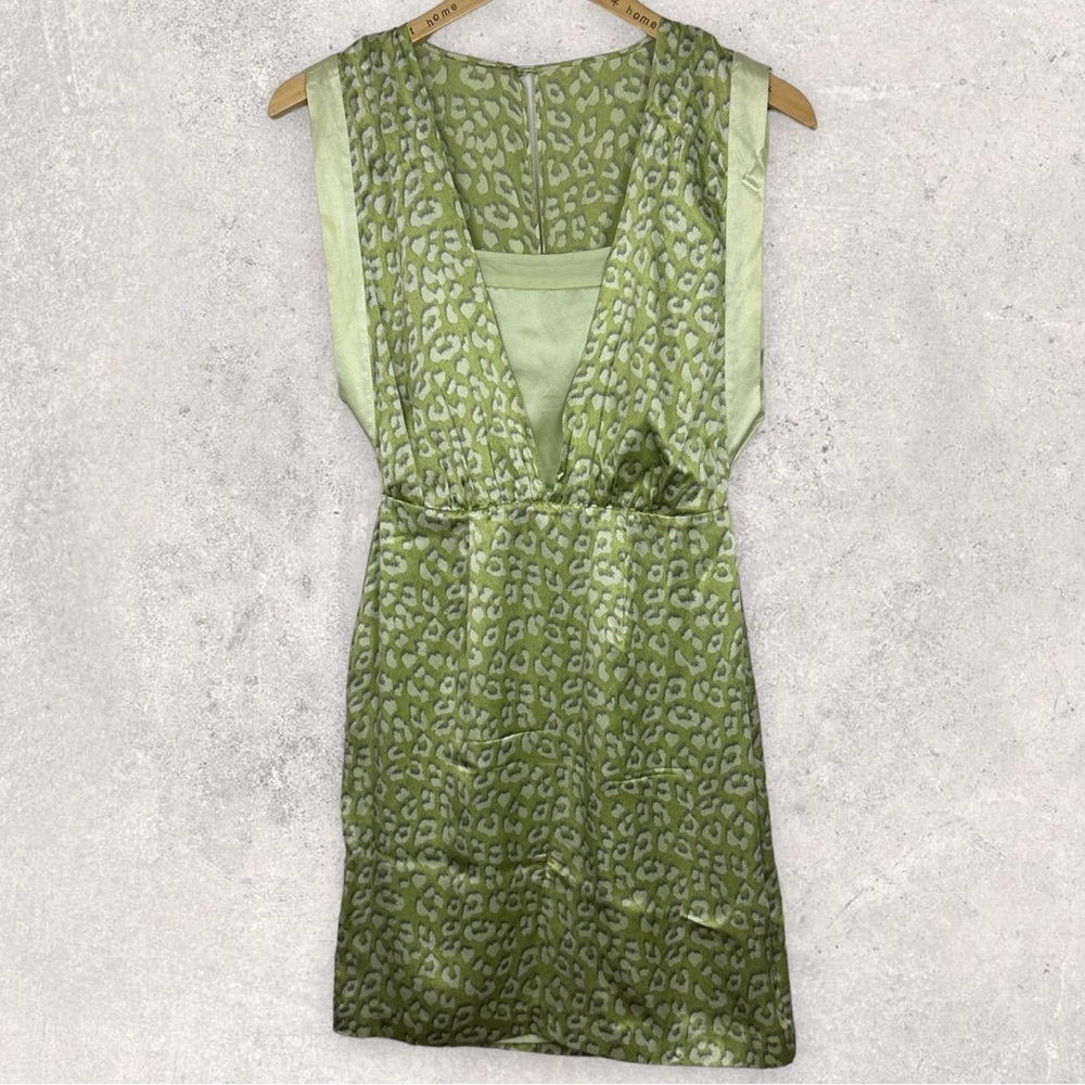 Reiss 100% Silk Arun Green Leopard Print Layer Dress Square Neck Sheath Boho 2 - Picture 3 of 16